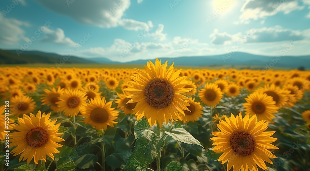 Fototapeta premium Golden sunflower on field and blue sky stock photo
