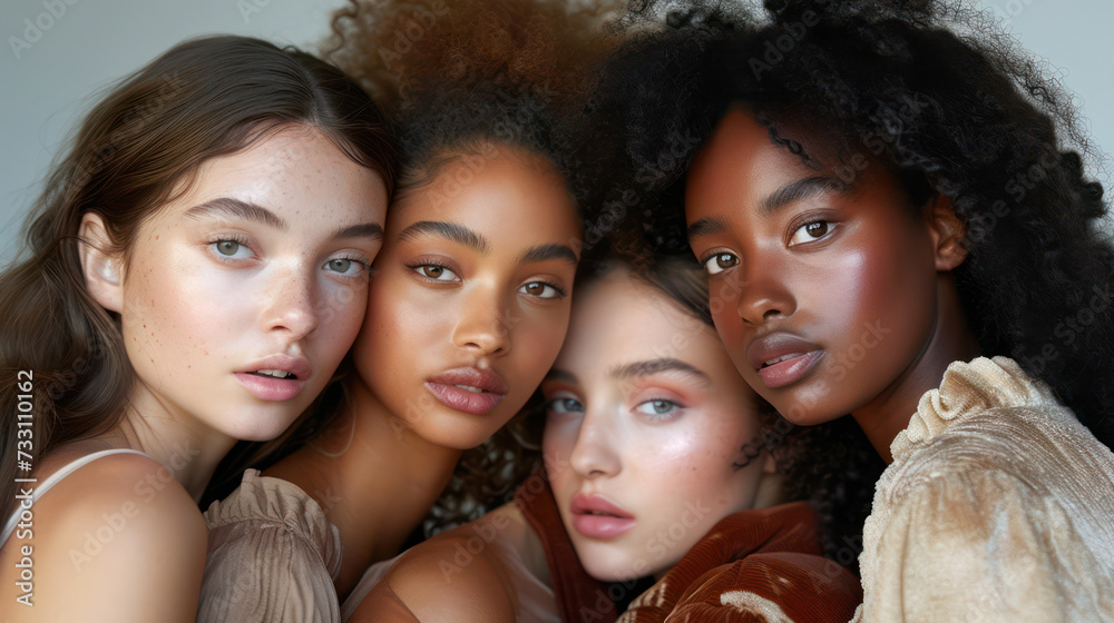 Obraz premium Friendship, Beauty, and Togetherness: A Diverse Group of Young Women Embracing Multiculturalism and Feminism in a Gorgeous Studio Portrait