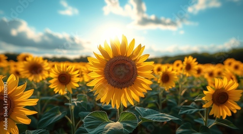 Golden sunflower on field and blue sky stock photo