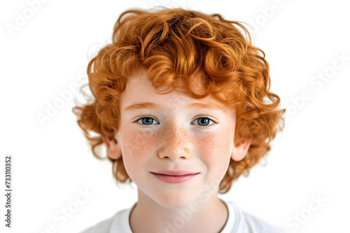 Closeup portrait of pretty ginger hair little boy isolated on white background
