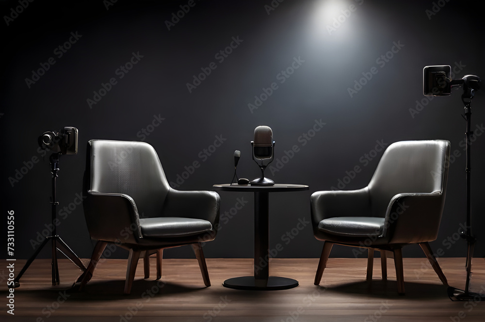 Closeup of studio interior for podcast and interview with two chairs. Podcast studio setup for producing podcasts for social media. Podcast streamers, Media conversations, Broadcast audio concepts. Closeup of studio interior for podcast and interview with two chairs. Podcast studio setup for producing podcasts for social media. Podcast streamers, Media conversations, Broadcast audio concepts.