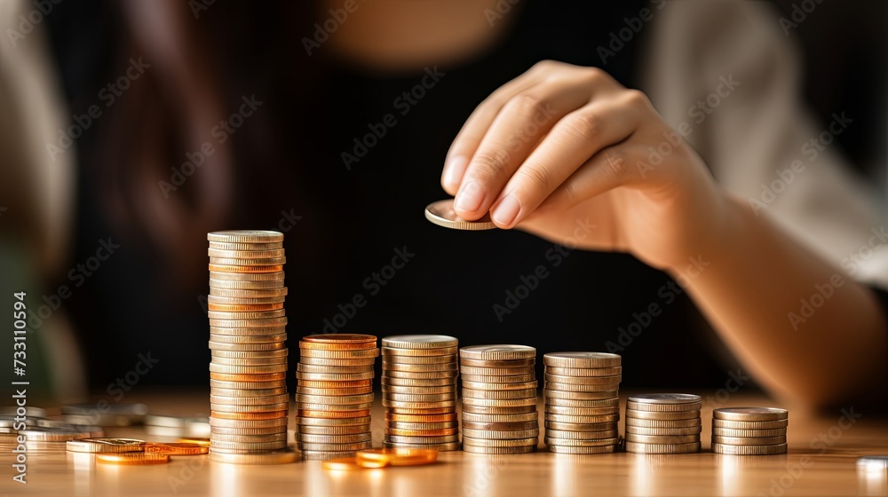 Young Asian woman making stack of coin. invest save finance concept, saving money, investment Young Asian woman making stack of coin. invest save finance concept, saving money, investment