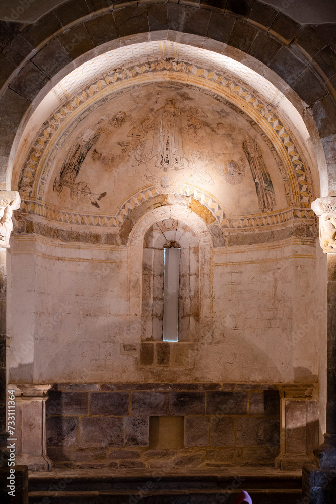 Fototapeta premium church of Santa María La Mayor, Romanesque, 12th century, Villacantid,.17th century wall paintings, Cantabria, Spain