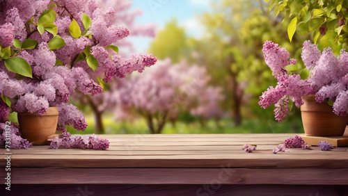 Spring background with wooden table. Lilac trees in blossom