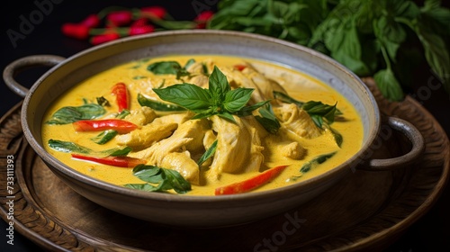 Traditional yellow Thai curry with chicken and coconut milk
