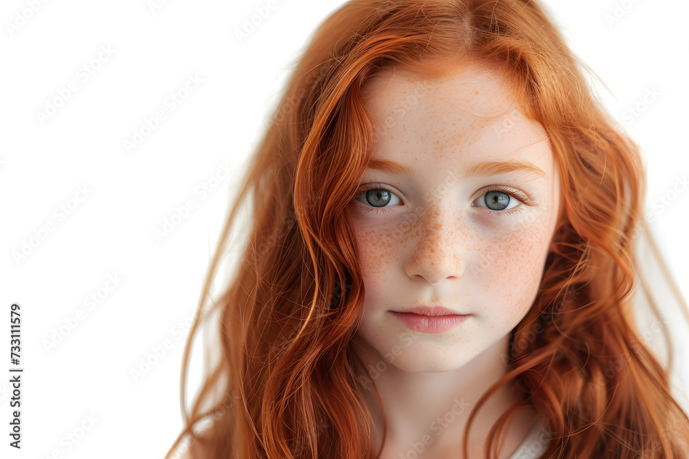 Closeup portrait of pretty red hair little girl isolated on white background Closeup portrait of pretty red hair little girl isolated on white background