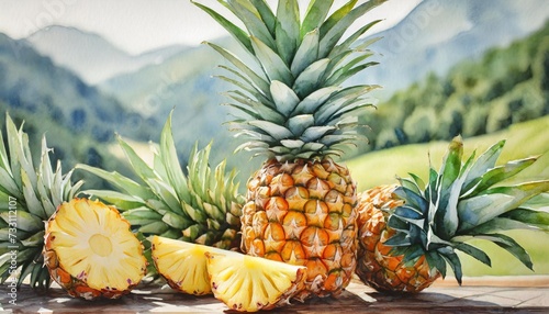 watercolor cute cartoon pineapple bundle on a transparent background photo