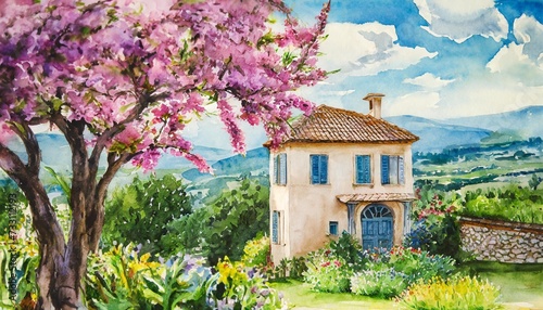 watercolor house cute summer house old building and blooming garden vintage house and blossom tree provence france or tuscany italy illustration in watercolor style