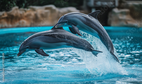 Dolphins Jumping Out Of Water Wildlife Concept