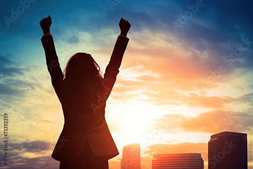 young business woman celebrating success in victory with raised hands, silhouette style