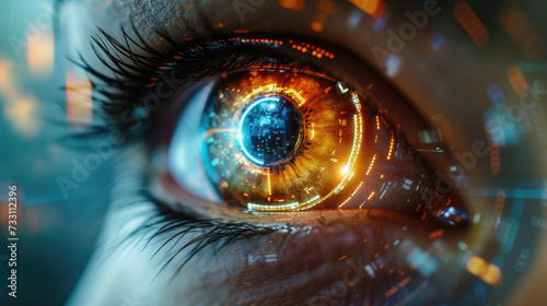 A close-up of a human eye with a futuristic cybernetic implant, glowing with digital overlays and neon lights, evoking a sense of advanced technology and surveillance © oldwar