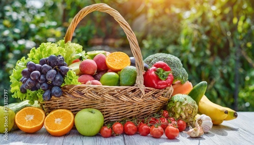 basket of fresh fruits and vegetables healthy organic vegetarian food on table