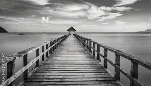 old wooden bridge or pier to the sea in black and white thailand