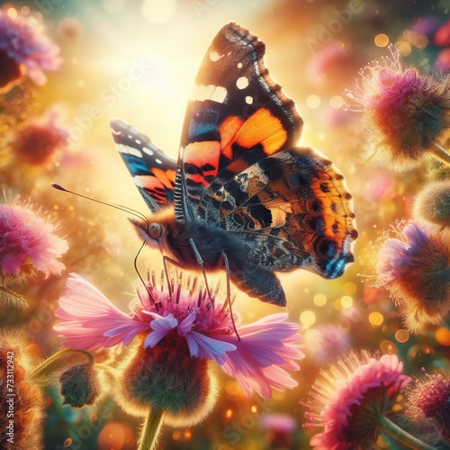 A beautiful butterfly sucking from a flower in a blossoming meadow illuminated by dust and pollen photo