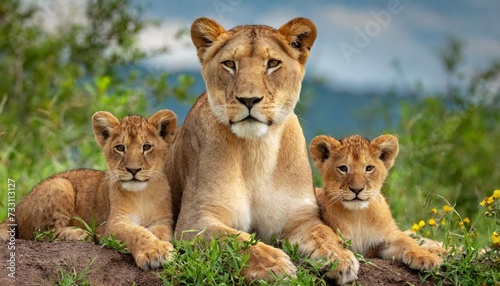 momma lioness and cubs photo