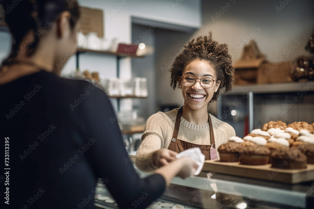 Smiling African American female baker selling baked goods to a customer.