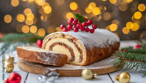 traditional christmas sponge roll buche de noel against a background of blurry lights