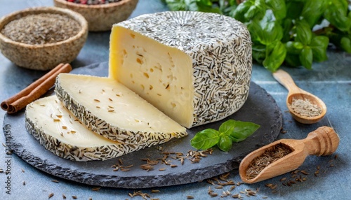 munster washed rind cheese from alsace france with cumin seeds photo