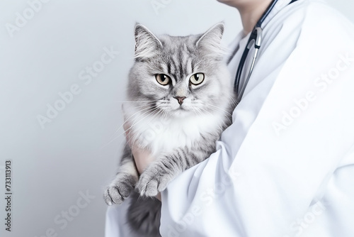 Gray tabby cat in the hands of a veterinarian for examination. Close-up.