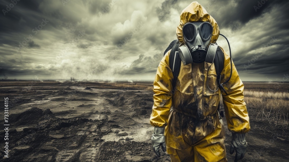 Person in a hazmat suit and gas mask standing in a infertile soil. Concept of toxic pesticide usage. Person in a hazmat suit and gas mask standing in a infertile soil. Concept of toxic pesticide usage.