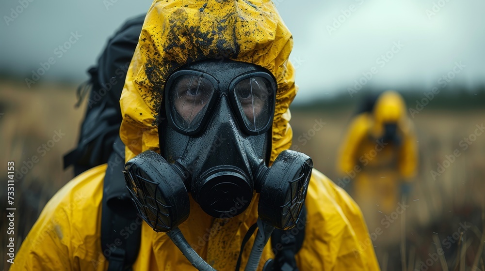 Person in a hazmat suit and gas mask standing in a wheat filed. Concept of toxic pesticide usage. Person in a hazmat suit and gas mask standing in a wheat filed. Concept of toxic pesticide usage.