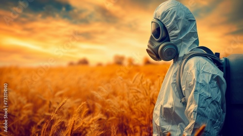 Person in a hazmat suit and gas mask standing in a wheat filed. Concept of toxic pesticide usage. photo