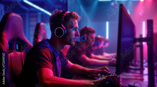Intense gamer wearing headphones competes in an illuminated esports tournament environment. photo