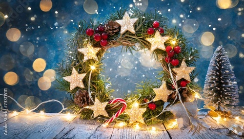 weihnachtskarte frohe weihnachten und ein gutes neues jahr 2023 weihnachtsgrusse hintergrund banner header star wreath with beautiful bokeh lights photo