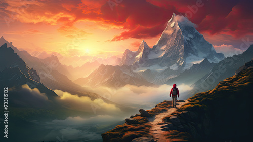 A solitary hiker in a red jacket ascends a rocky mountain path against a stunning backdrop of golden sunrise and misty mountain peaks #733115132