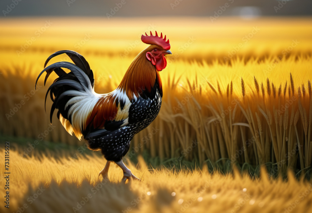 A rooster walking in a field of yellow rice