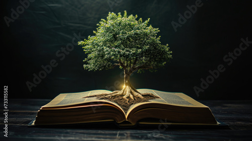 A tree grows out of a book with light shining like gaining knowledge on a black background. the concept of opening paper will allow you to see knowledge about the world, learn independently and improv photo