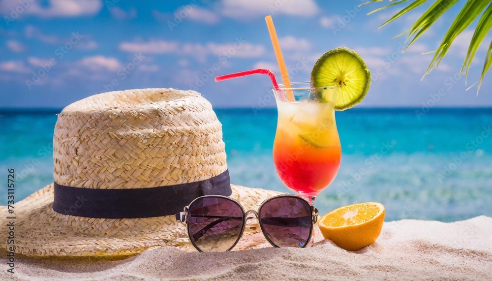 straw hat with a exotic cocktail and sunglasses on sand beach