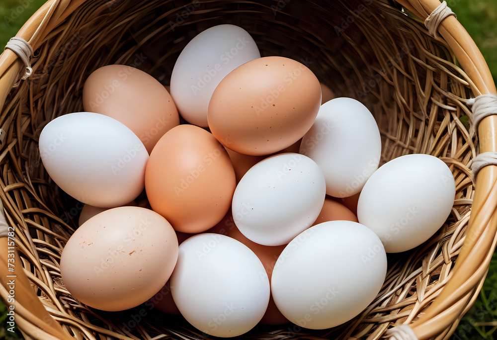 Several chicken eggs in a woven basket