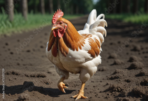 A chicken walks in the farm on the ground