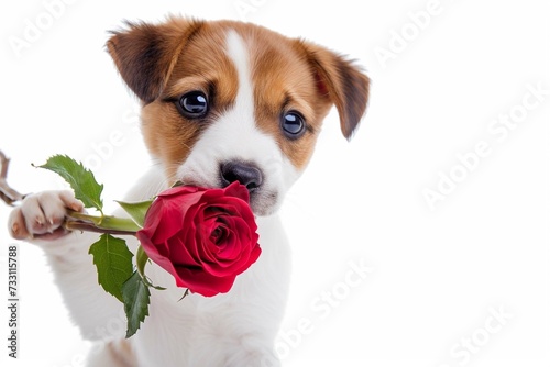 Valentine puppy cutedog with red rose hol photo