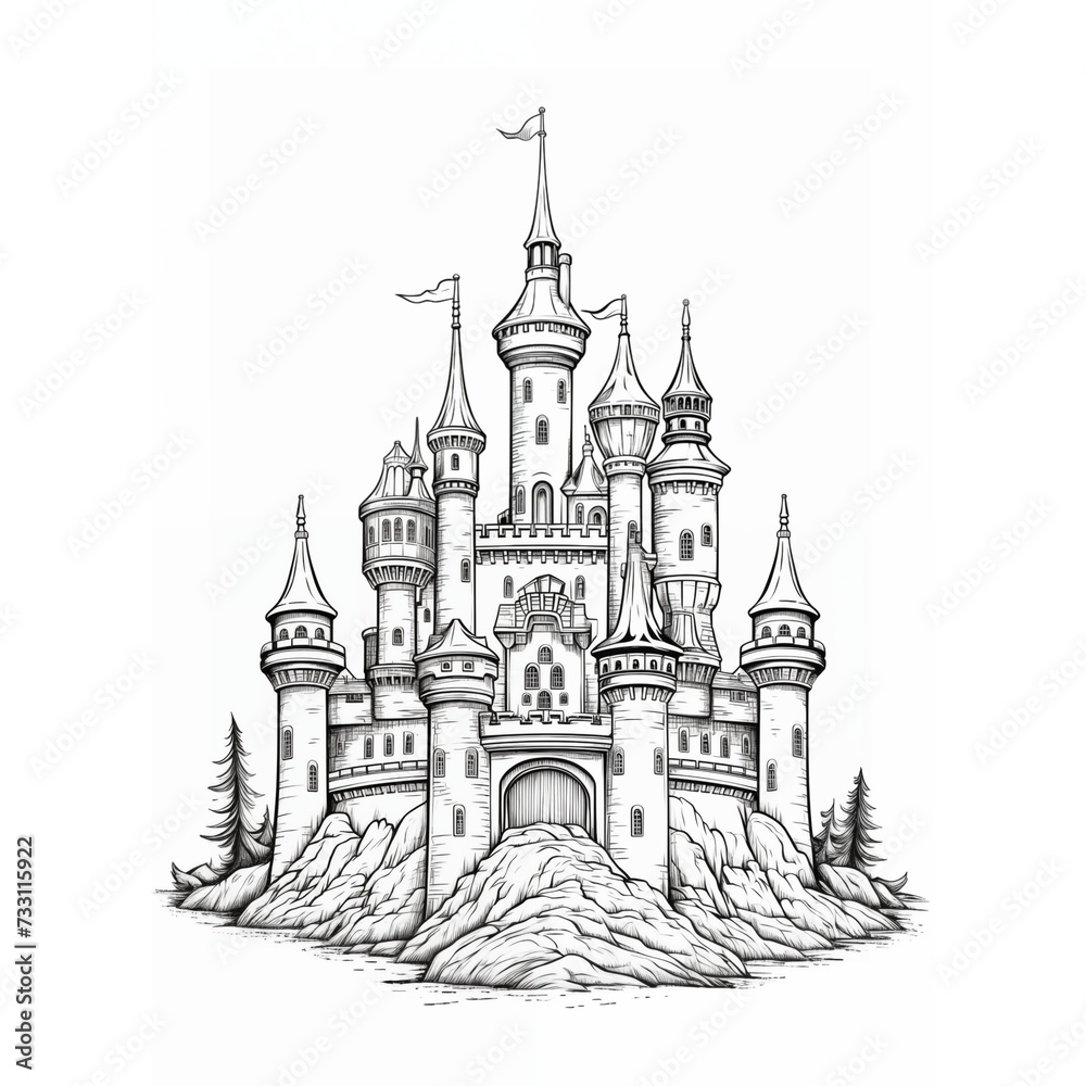 Linear colouring page, coloring book for children, cartoon illustration of princess castle

