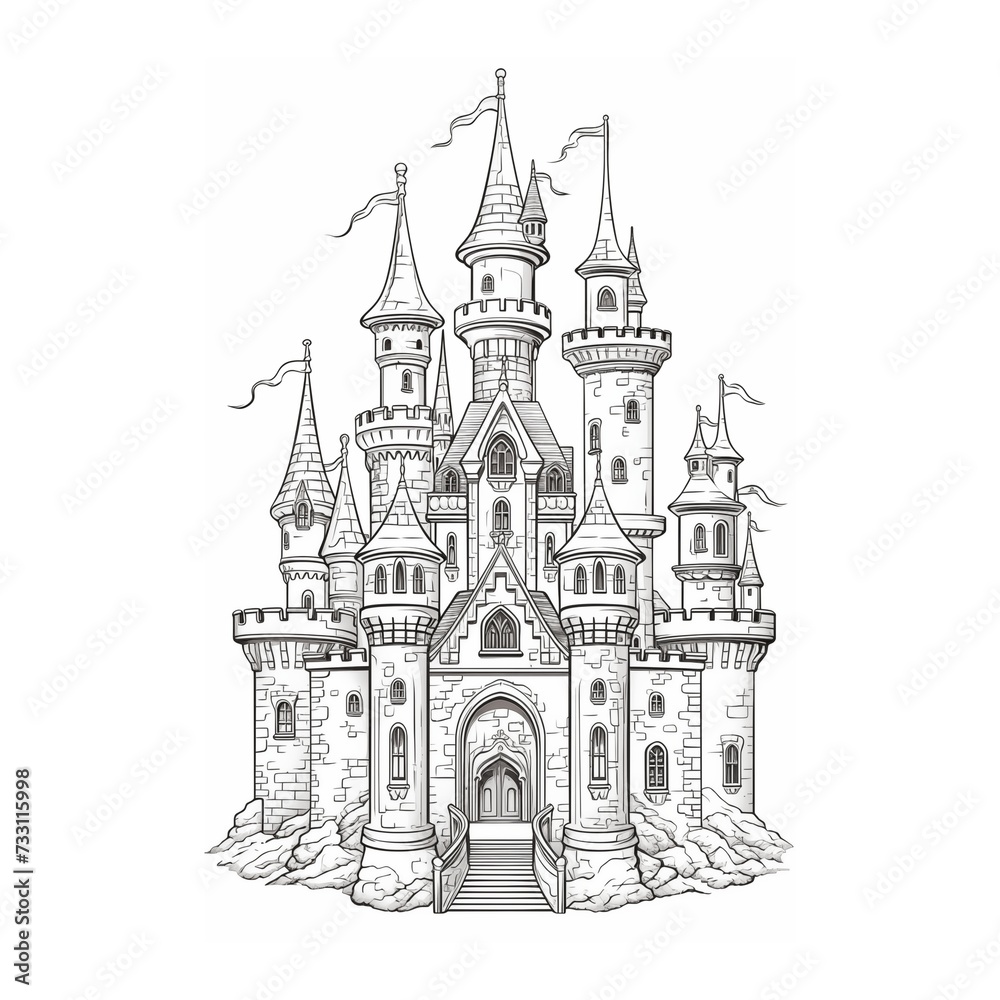 Linear colouring page, coloring book for children, cartoon illustration of princess castle
