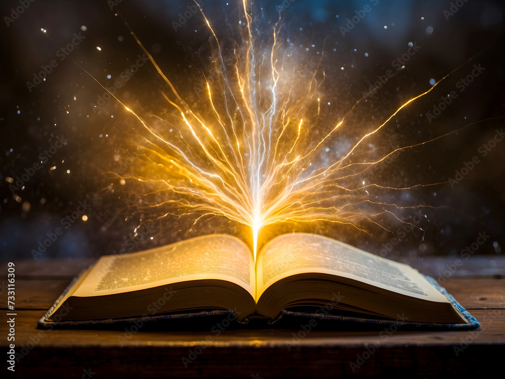 Open book with magic lights, fantasy illustration Open book with magic lights, fantasy illustration