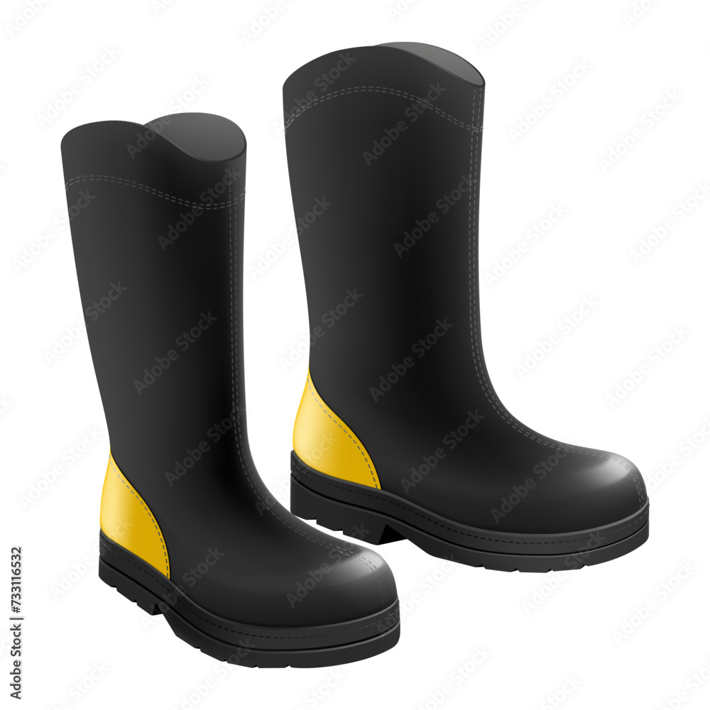 Fireman's boots isolated on white background. Black Firefighter Boots with rubber uppers. Realistic 3d vector illustration. Mock up