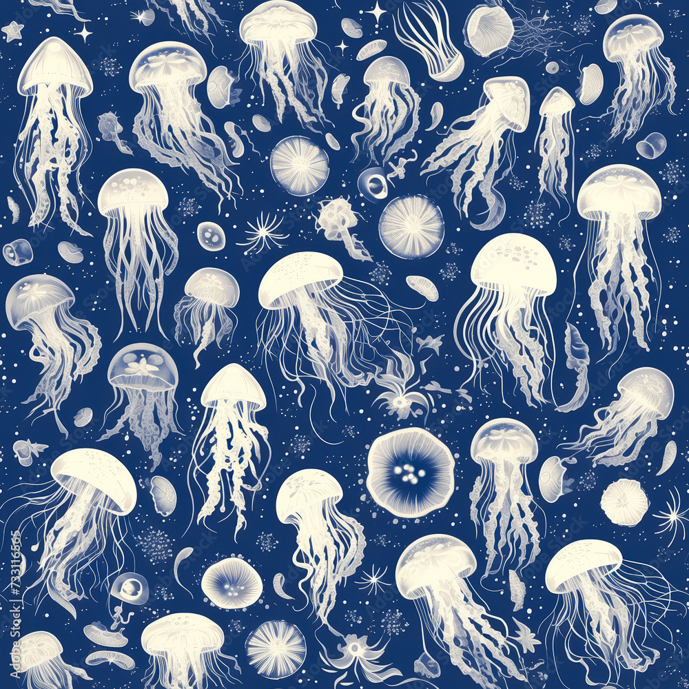 blue Underwater jellyfish as a background on a seamless tile, ai generated blue Underwater jellyfish as a background on a seamless tile, ai generated