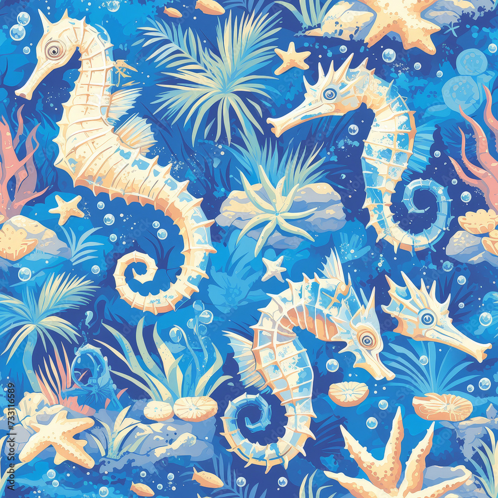 Seahorse as background on a seamless tile, ai generated Seahorse as background on a seamless tile, ai generated