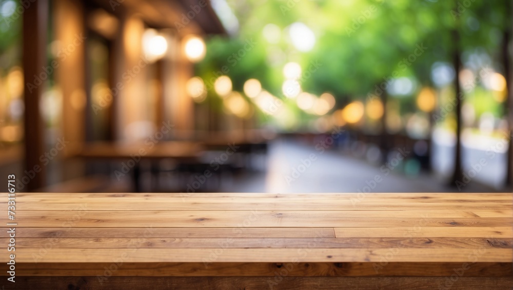 Empty wooden table and Coffee shop blur background with bokeh image Empty wooden table and Coffee shop blur background with bokeh image