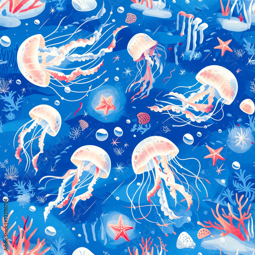 blue Underwater jellyfish as a background on a seamless tile, ai generated