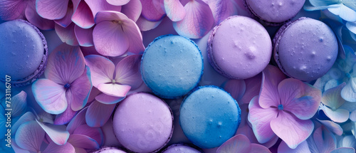 Purple macarons on blue, ultra violet  petals, flowers. Spring floral mockup. Flat lay.  Generative ai