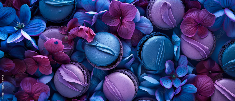 Purple macarons on blue, ultra violet  petals, flowers. Spring floral mockup. Flat lay.  Generative ai - obrazy, fototapety, plakaty 