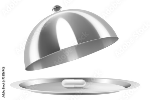 Stainless Steel Cloche with medical pills or capsules, isolated on white background. Mockup. Medical and Healthcare Concept. Vector 3d Realistic illustration