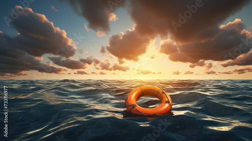 An orange lifebuoy floats on the open sea, symbolizing safety and hope under the vast sky 