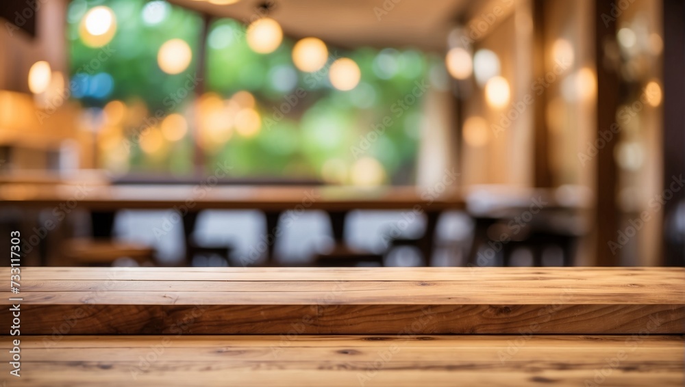 Empty wooden table and Coffee shop blur background with bokeh image