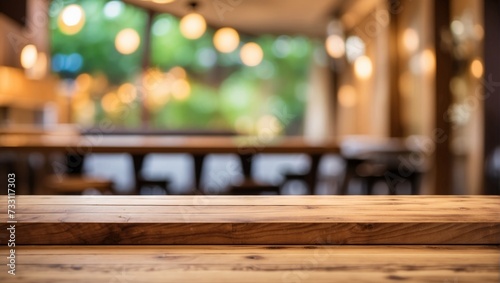 Empty wooden table and Coffee shop blur background with bokeh image © Marpa