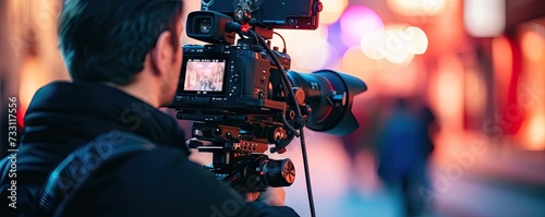 Man using video camera or camcorder while filming. Professional camera close up. photo